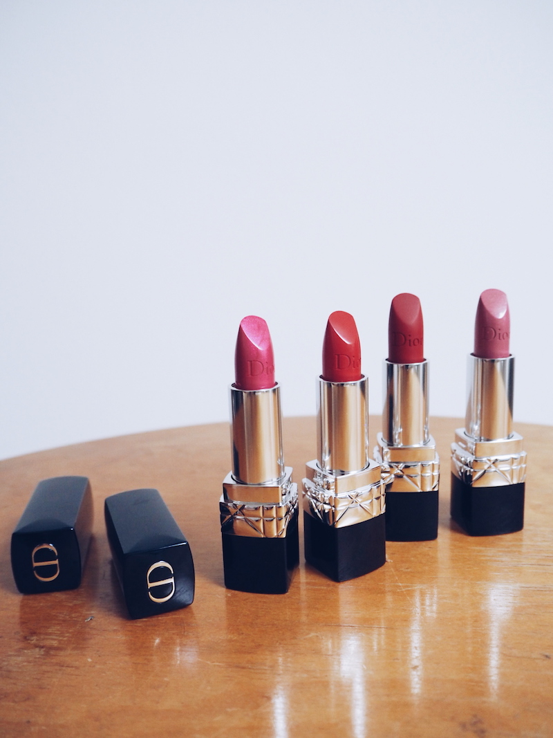 L-R Rouge Dior lipsticks in Miss (47); Smile (80); Matte (999); Premiere 60 
