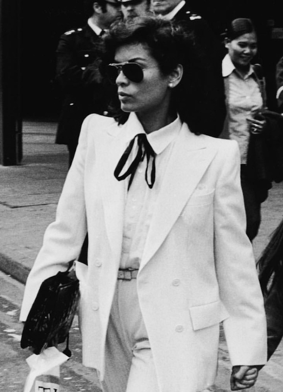Bianca Jagger wearing Edward Sexton