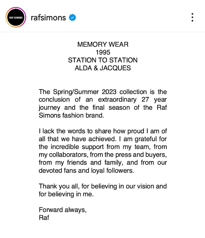 Raf Simons parting message Instagram